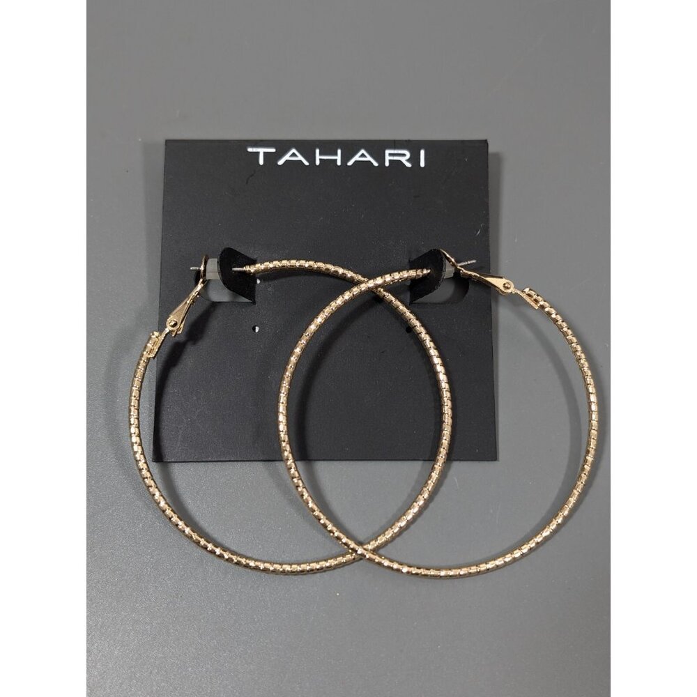 Tahari Textured Large Round Gold Tone Hoop Earrings Pierced